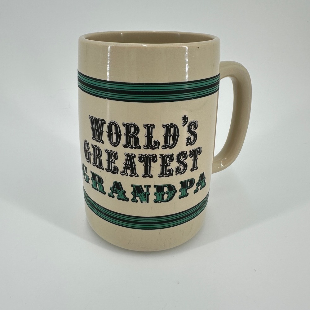 Russ Berrie Worlds Greatest Grandpa Vintage Ceramic Coffee Mug Cream Teal 8118